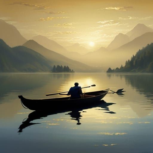 Serene Lake: Man Rowing Boat as Oil Painting