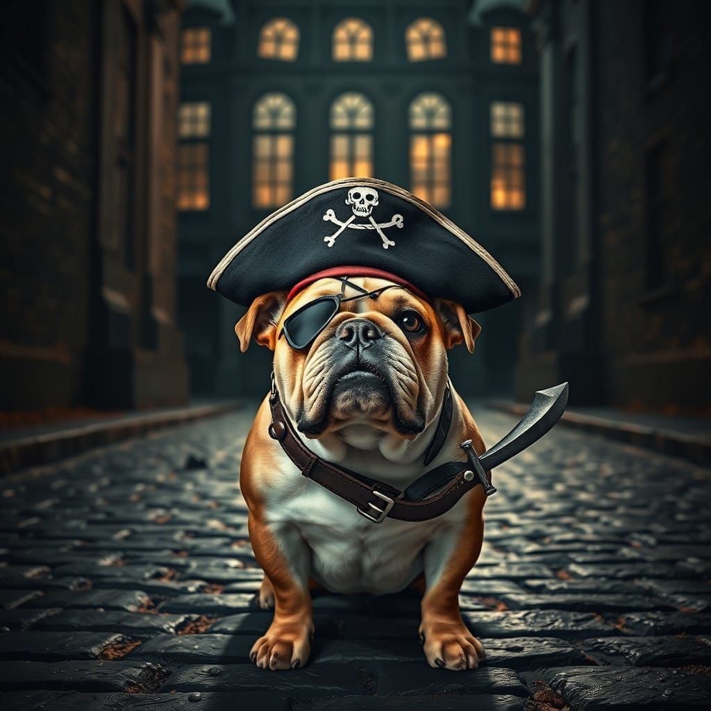Brave Bulldog Pirate Ready for Adventure on Spooky Street