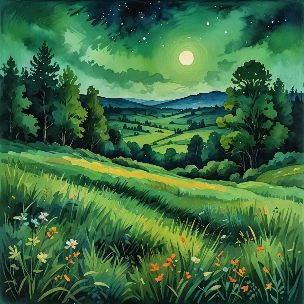 Night Meadow in Gouache and Watercolor Style