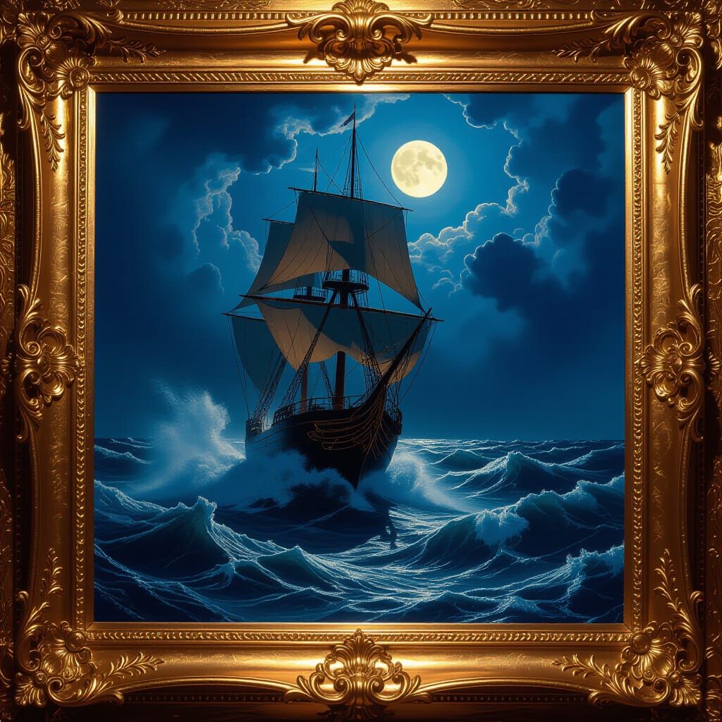 Mighty Sailing Ship in Stormy Moonlight Oil Painting