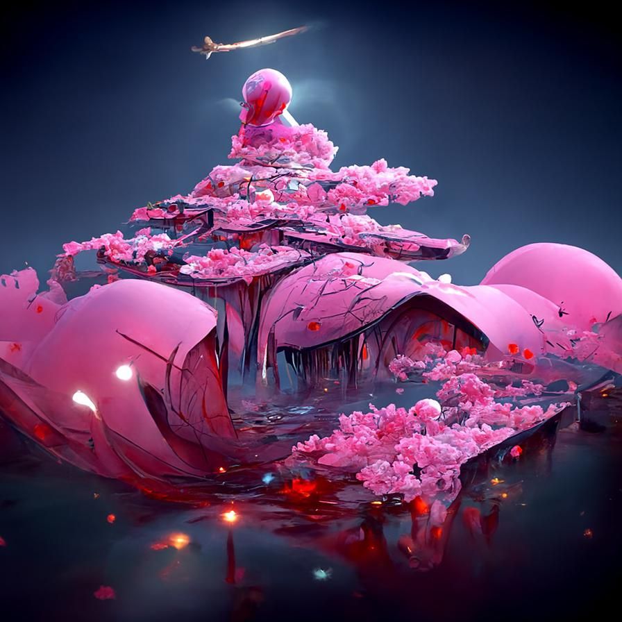 Pink Japanese Floating Island in Digital Art Style
