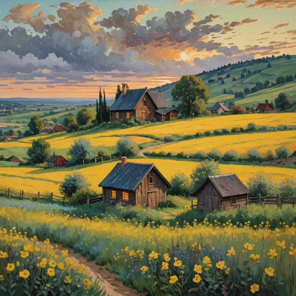 Idyllic Cabin in Canola Field: Impressionist Oil Painting