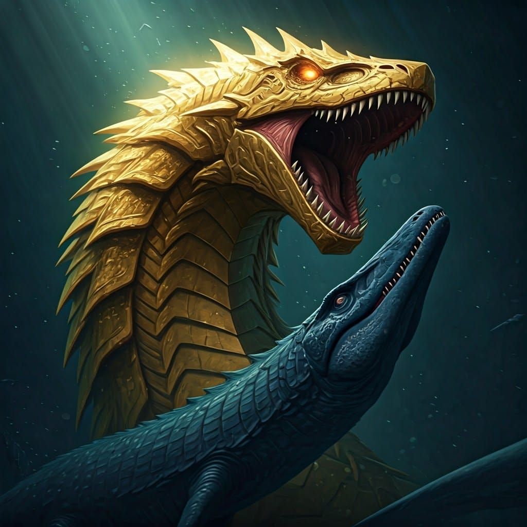 Epic Hyperrealistic Battle Between Golden Supermegalodon and...