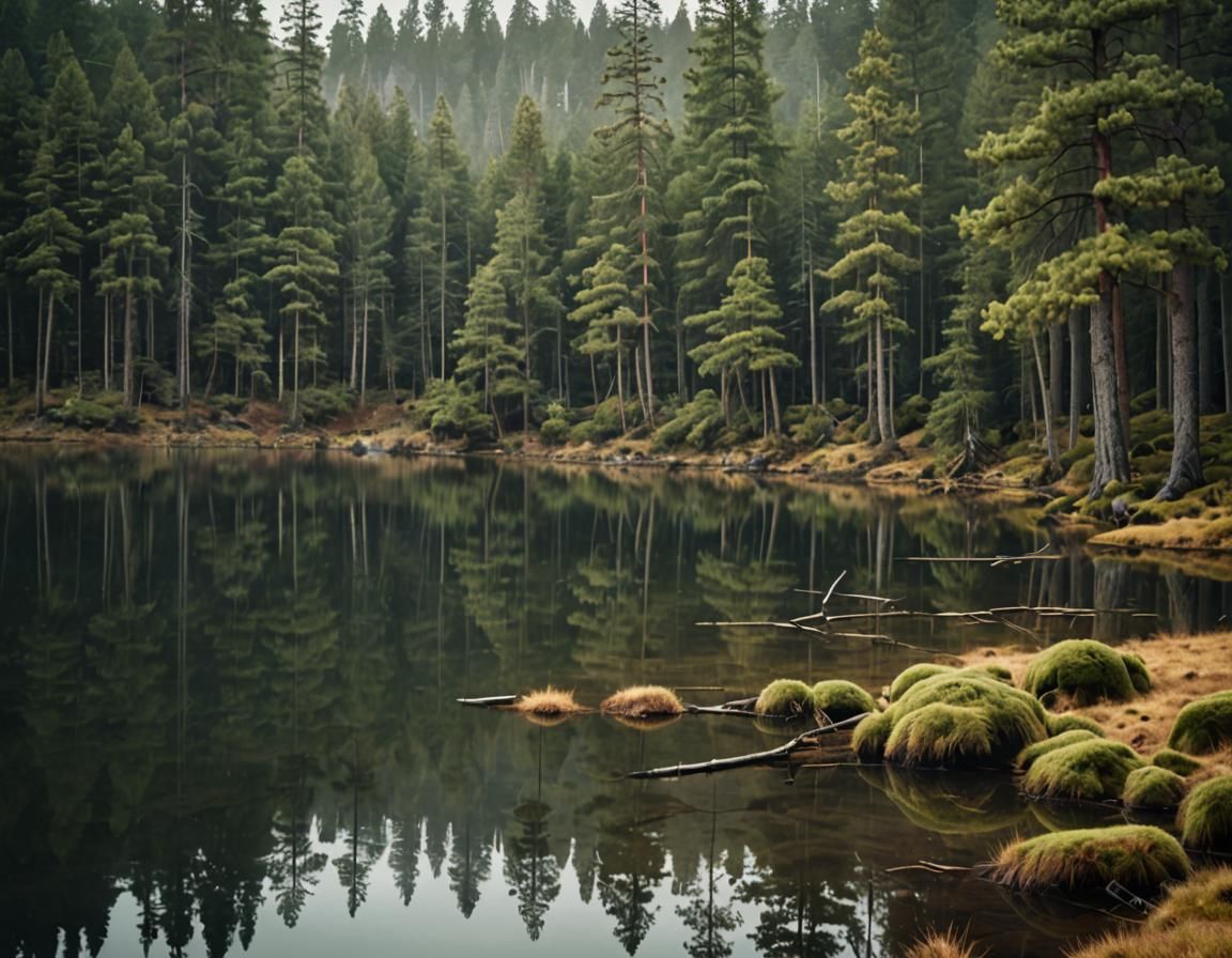 Serene Lake Among Misty Pine Trees: Atmospheric Photography