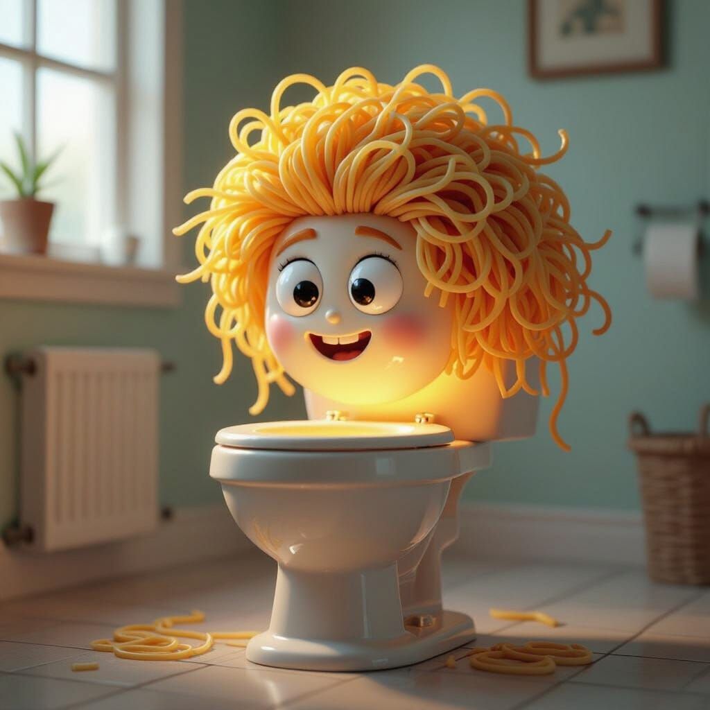 Whimsical Toilet Character with Spaghetti Hair in 3D Style