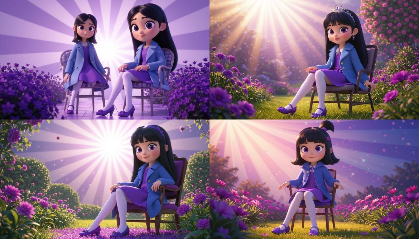 Cartoon Girl in Purple Garden, Pixar Style