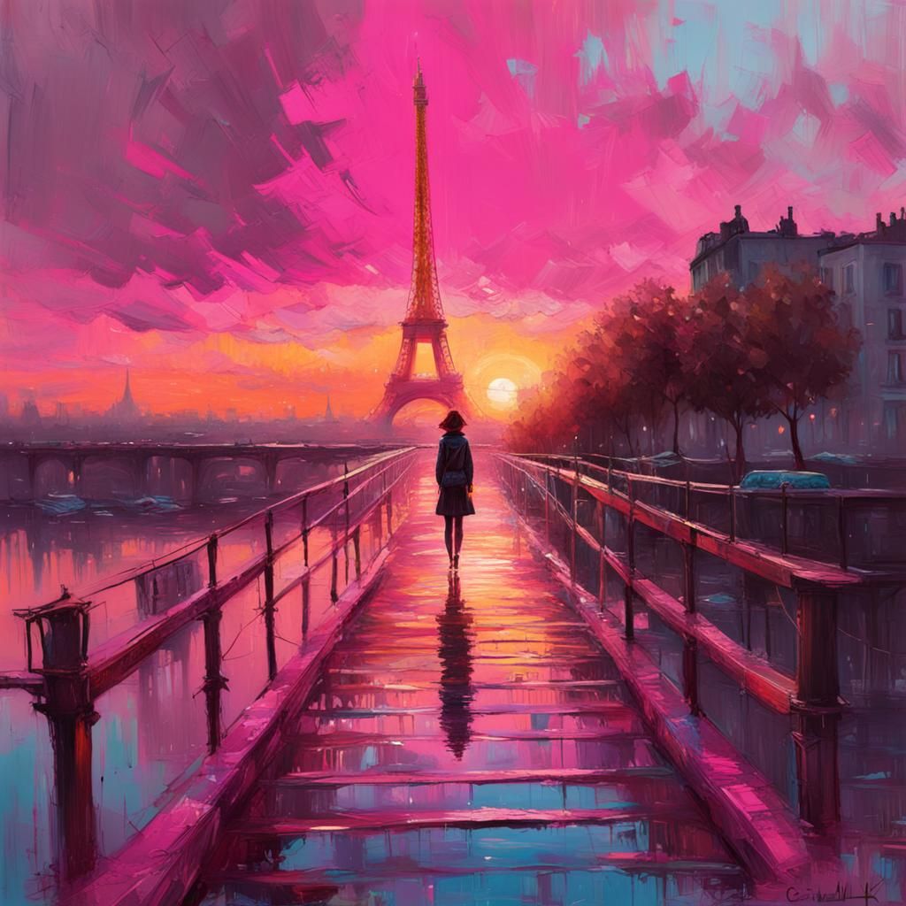 Pink Eiffel Tower Sunset: Detailed Matte Painting