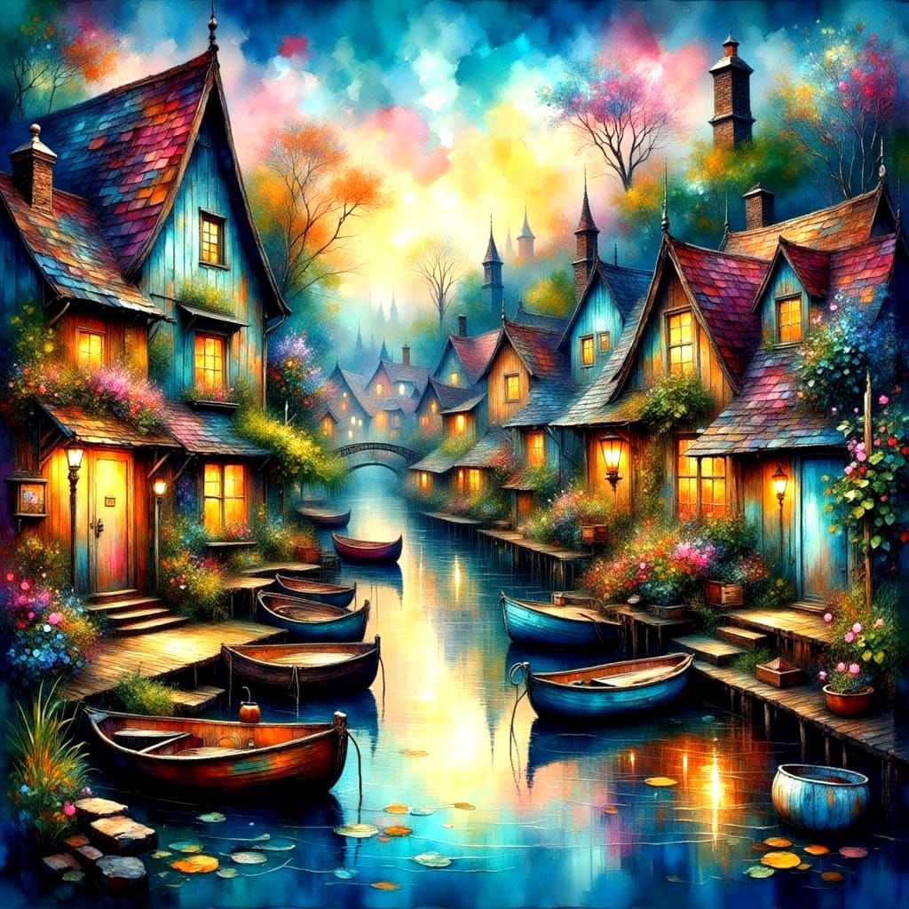 Whimsical Fishing Village at Sunset