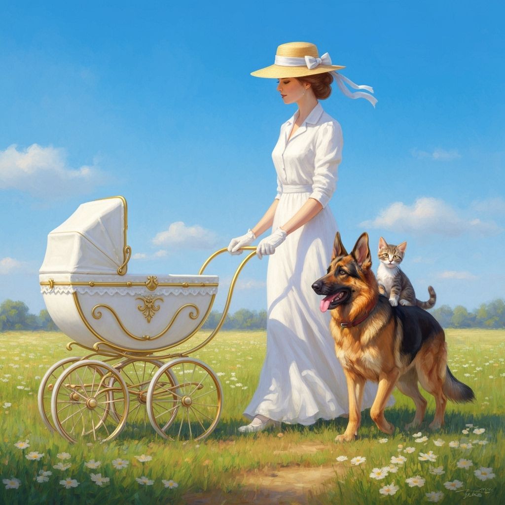 Woman Pushing Carriage with Animals in Flower Field
