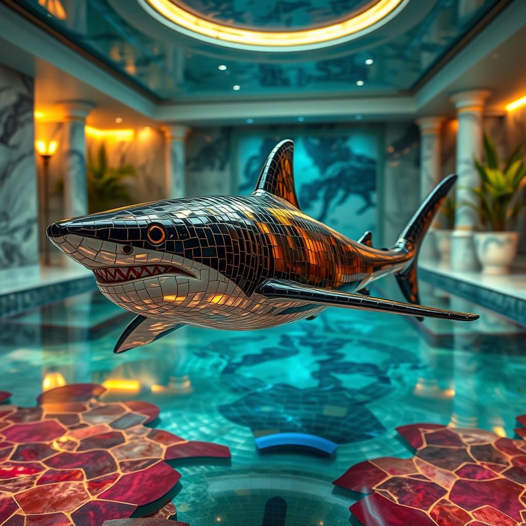 Gleaming Mosaic Shark in Futuristic Spa Setting