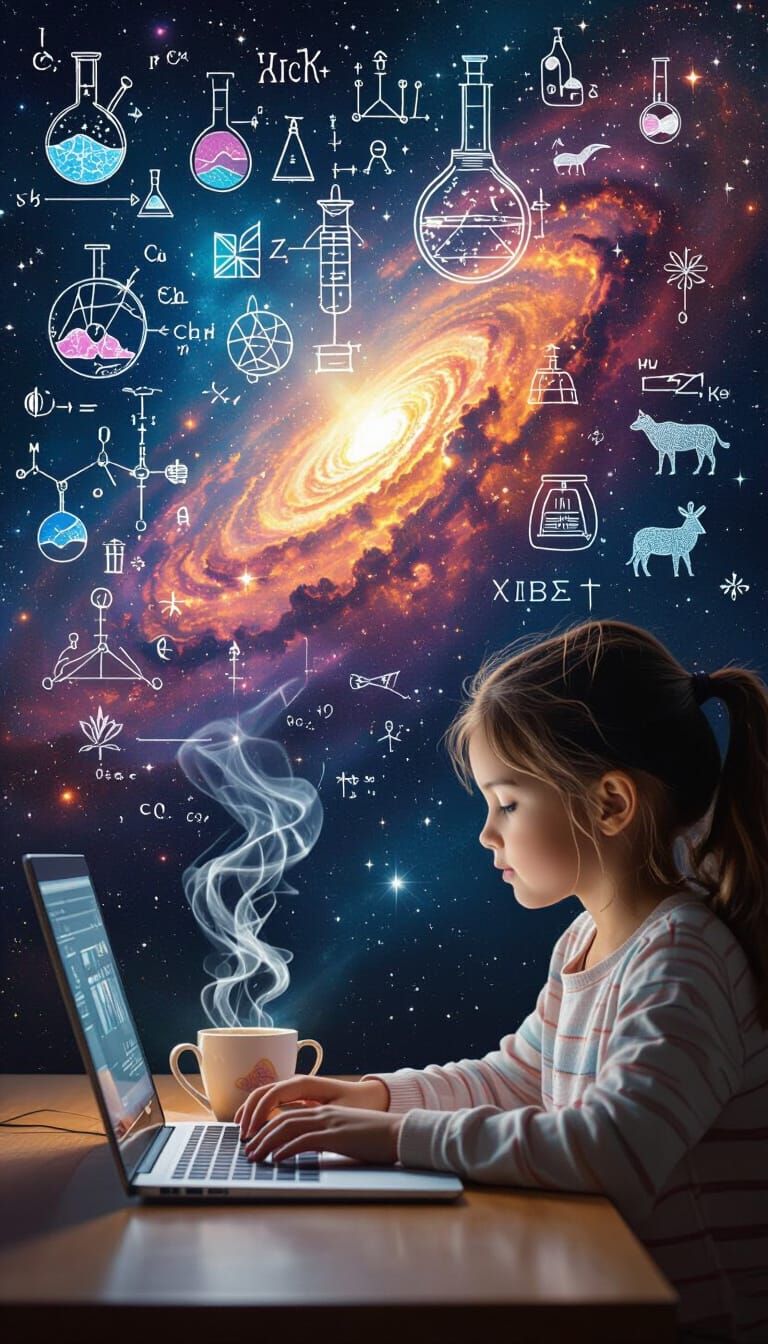 Girl Typing at Laptop with Cosmic Background Art
