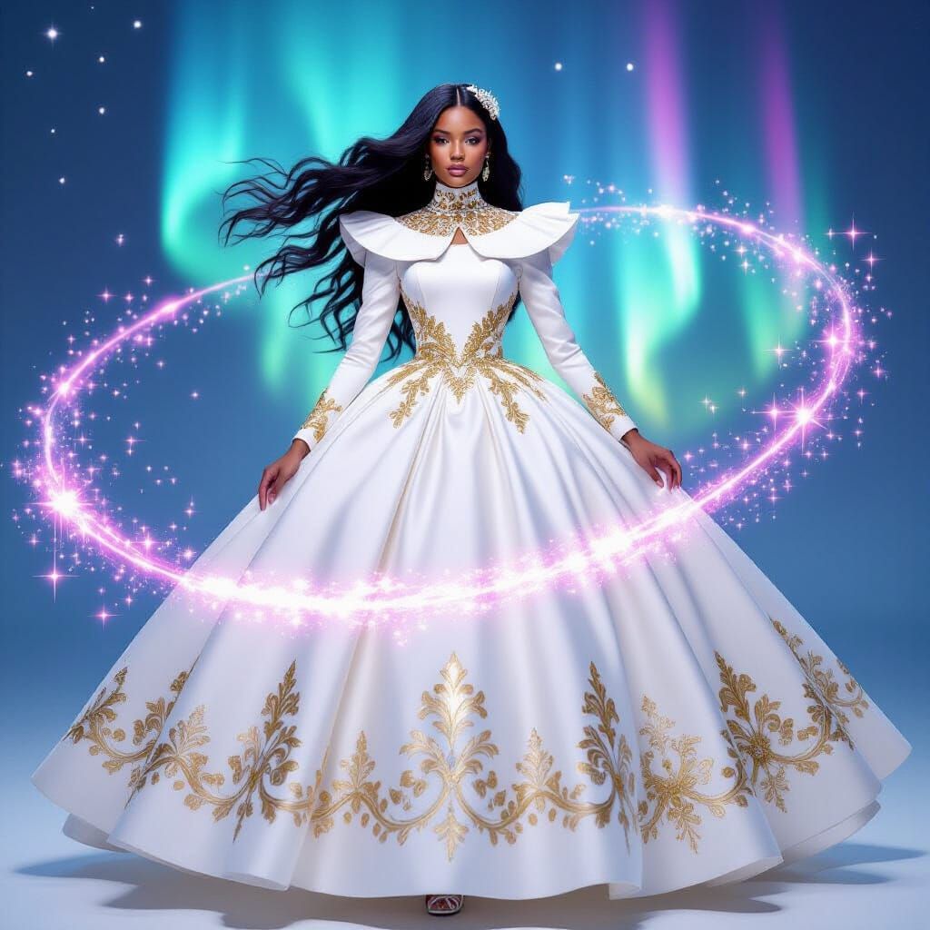 Model in White Gown with Gold Embroidery