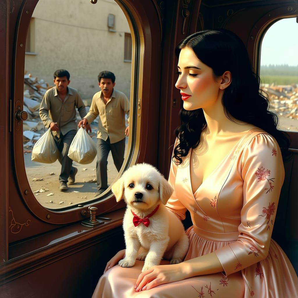 Elegant Woman Gazes at Alps from Zeppelin Salon in Art Nouve...