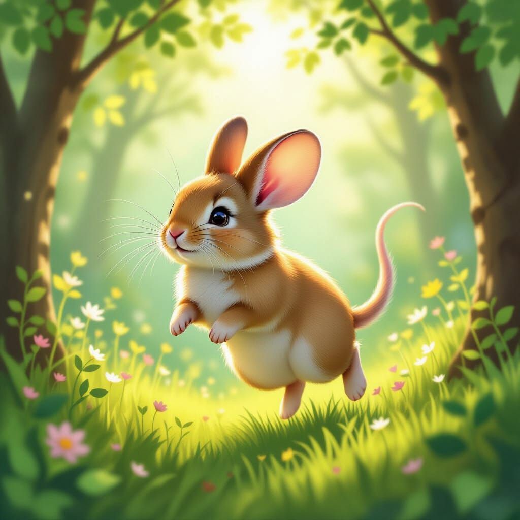 Whimsical Mouse-Rabbit Hybrid Leaping in Enchanted Forest