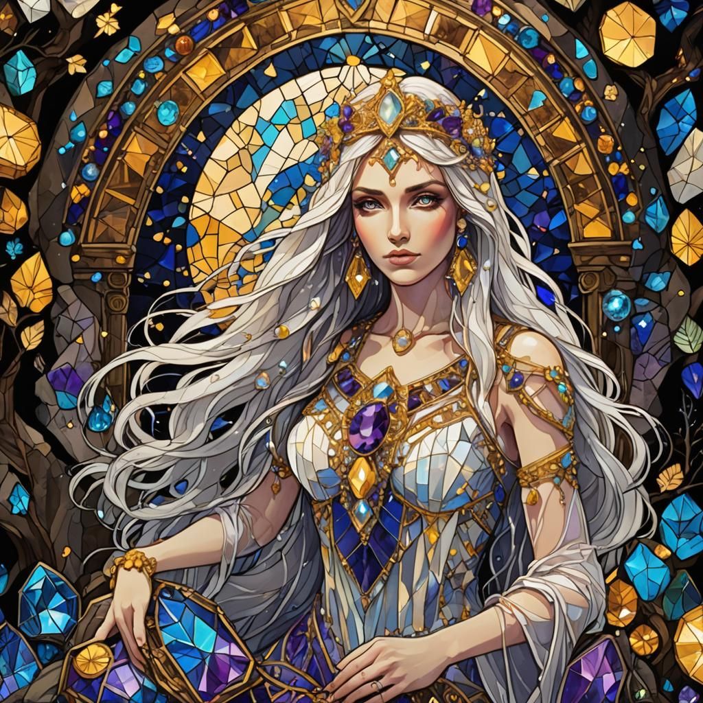 Bioluminescent Goddess in Crystalline Cave with Blacklight E...