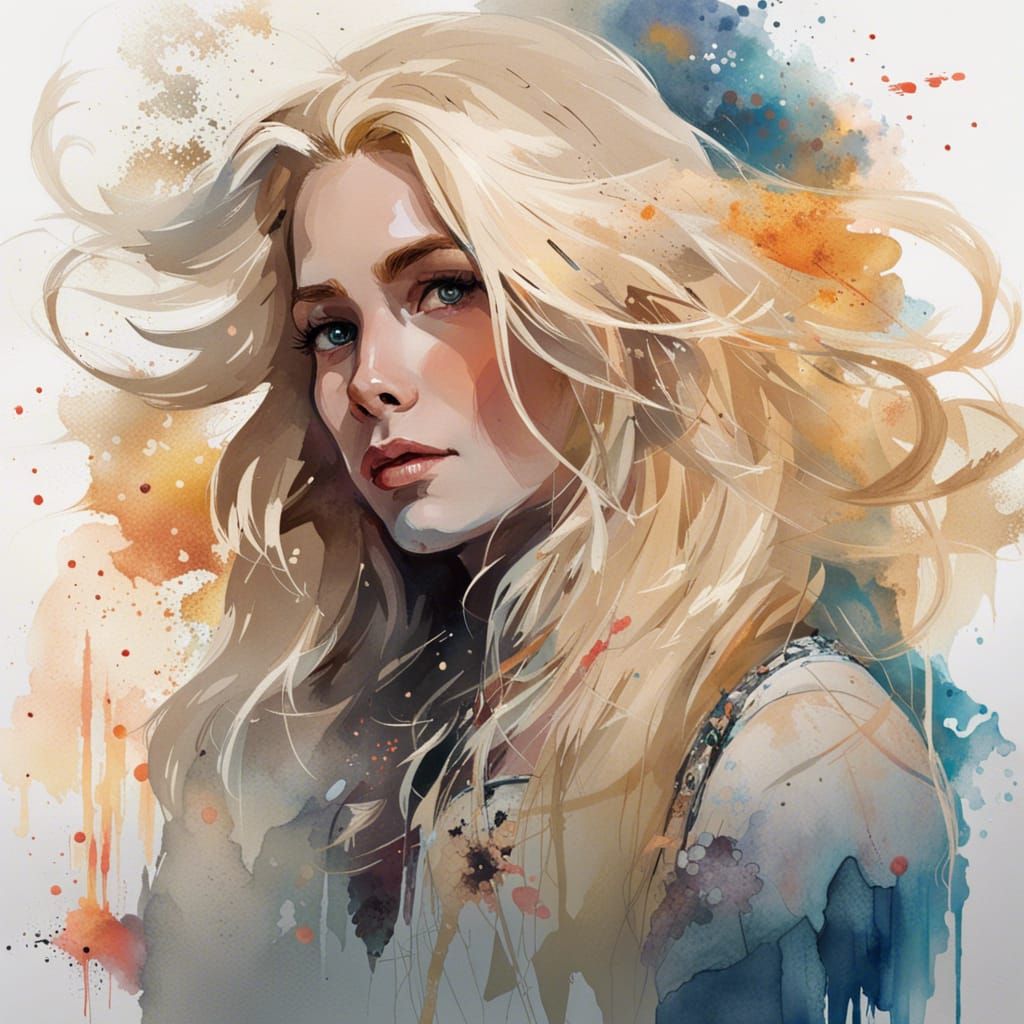 Beautiful Woman Portrait with Flowing Hair, Digital Art