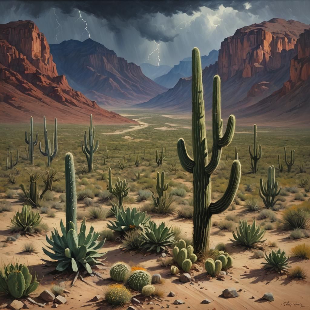 Cactus Desert Storm: Oil Painting