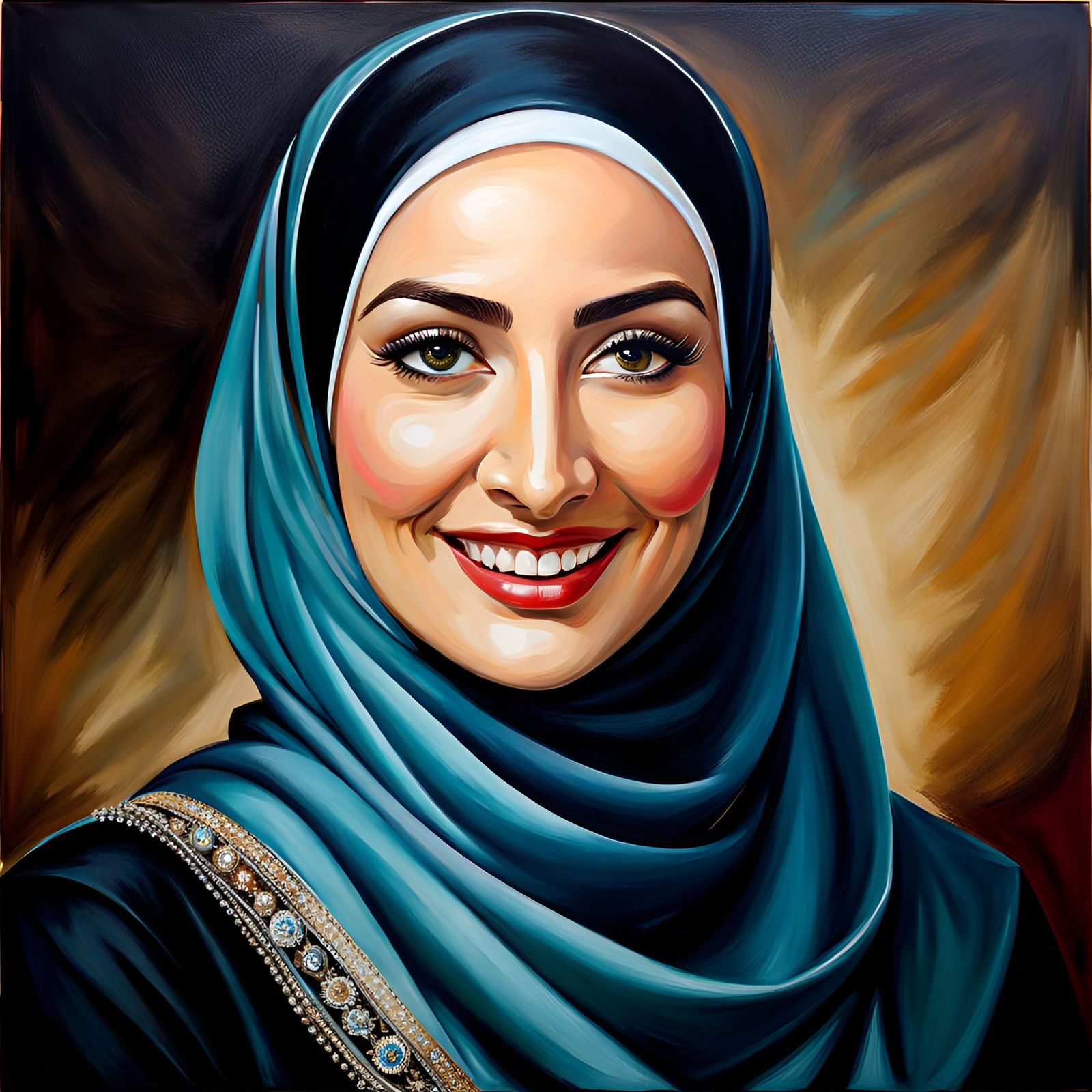 Elegant Hijabi Woman Smiling in Oil Painting