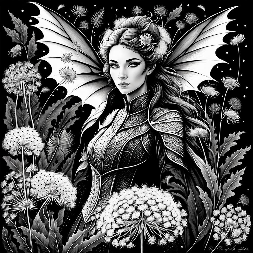 Dragon in Dandelion Field: Black and White Rayograph