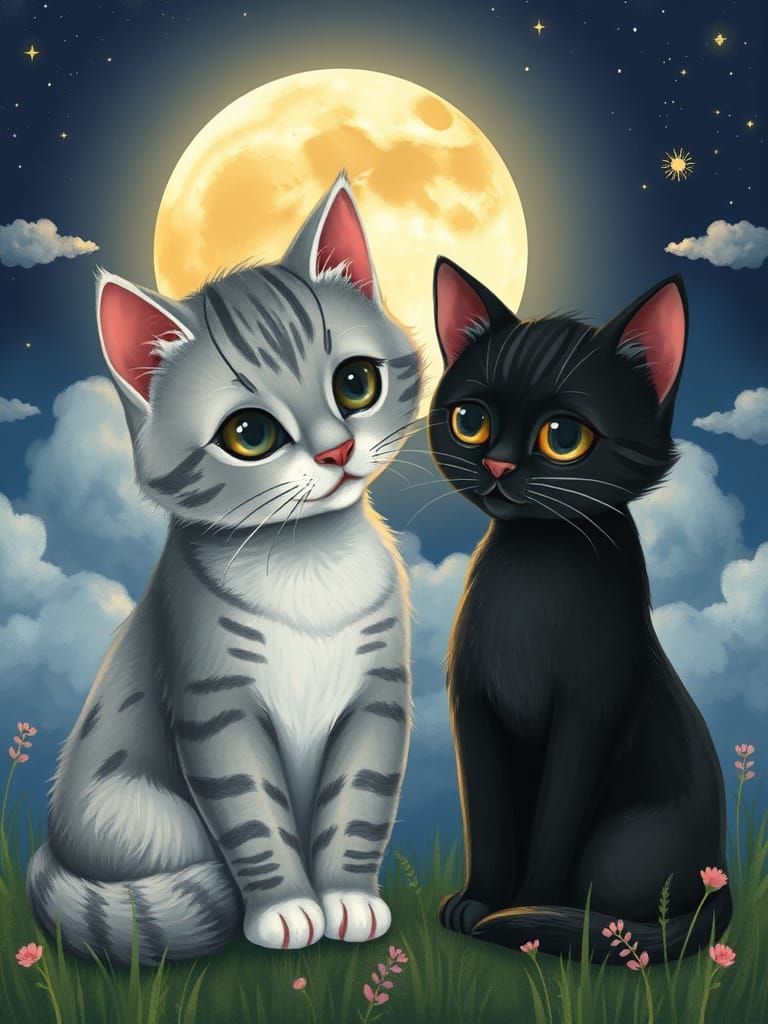 Dreamy Cats Under Full Moon