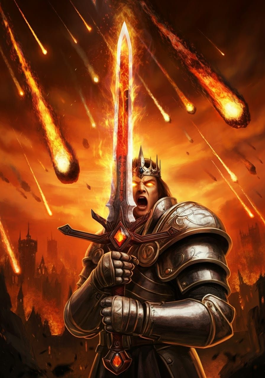 Dark Warrior Raises Flaming Sword in Epic Pose