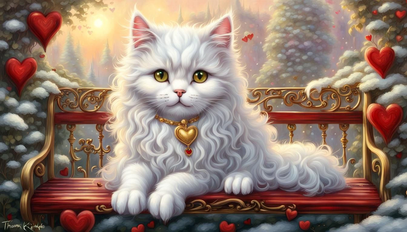 white fluffy chibi cat,big gold eyes,snowy lace bench ornate...