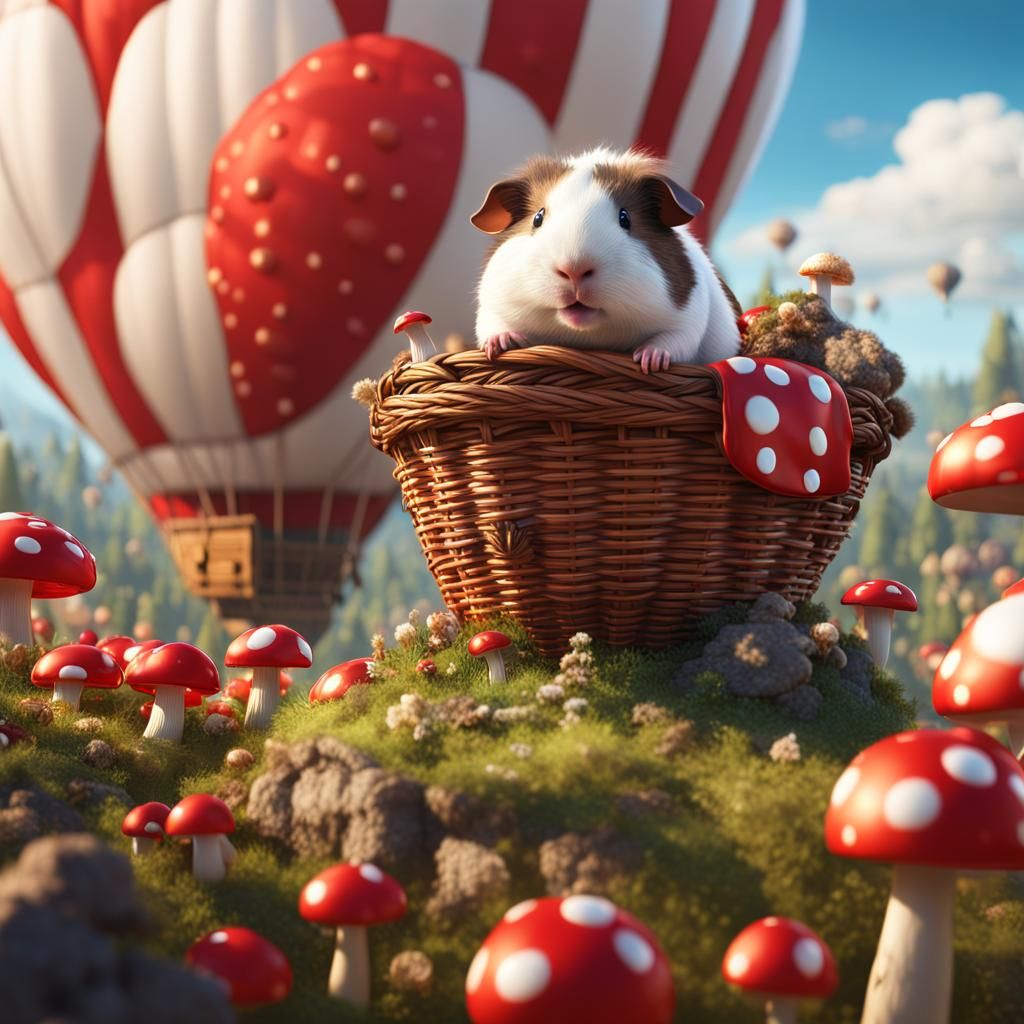 Mushroom Hot Air Balloon with Guinea Pig, Fantasy Art