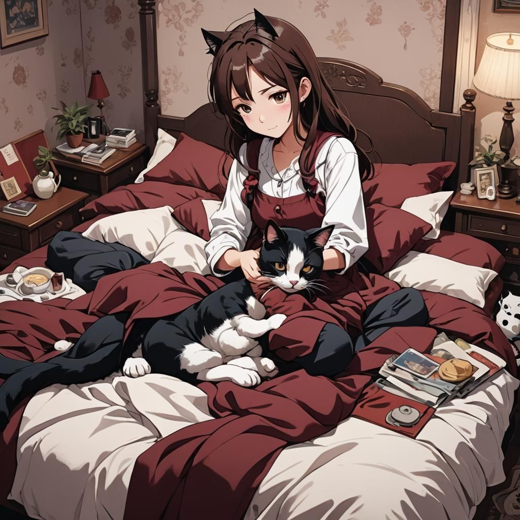 Cartoon Brunette Tucking Cat in Bed, Anime Style