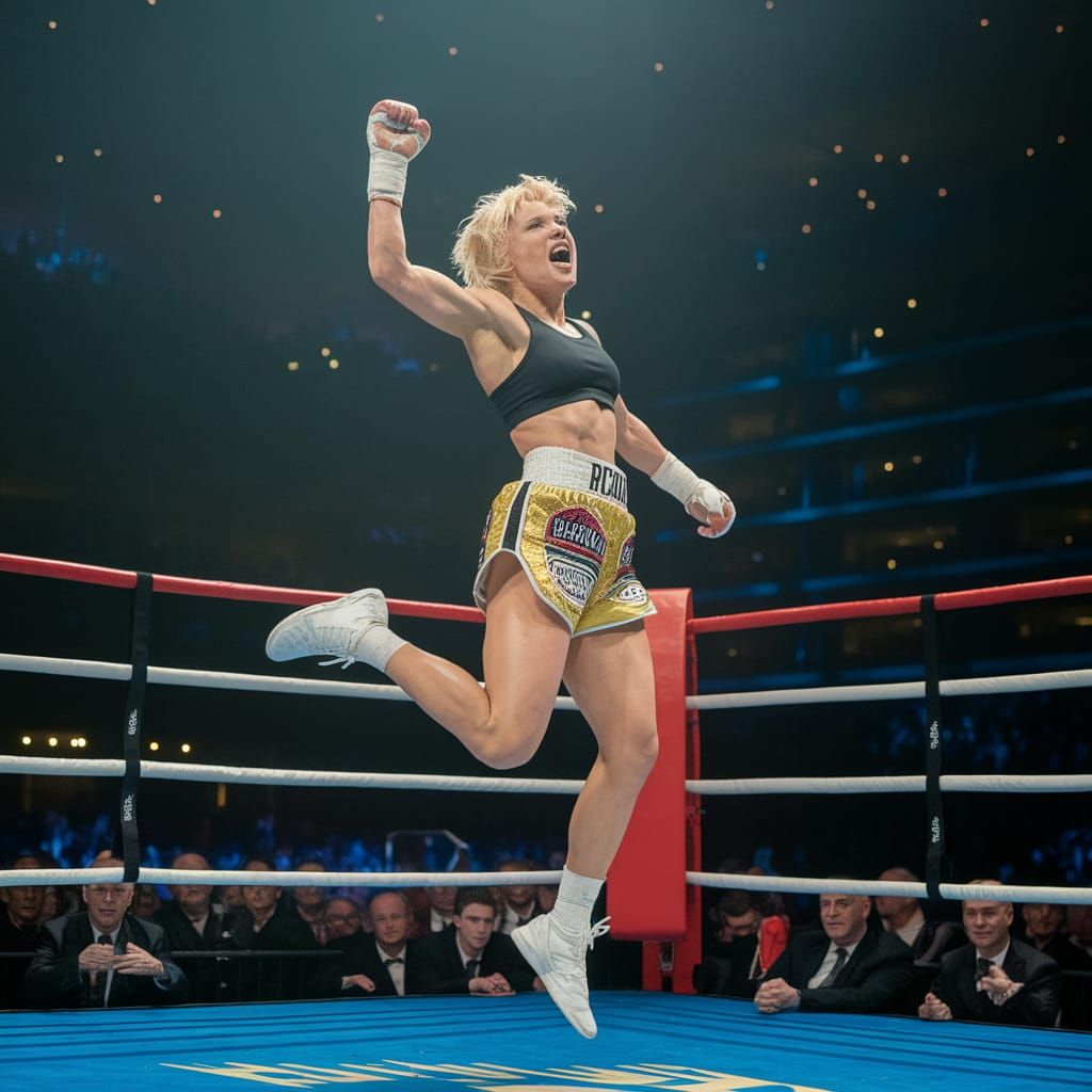 Victorious Blonde Boxer Celebrates with Glamour Lights