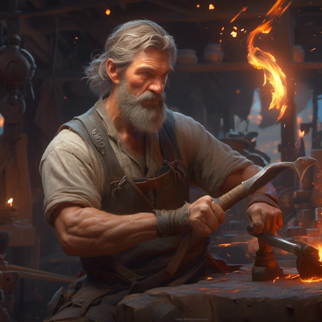 Blacksmith Forging Sword: Hyperdetailed Artgerm Style Portra...