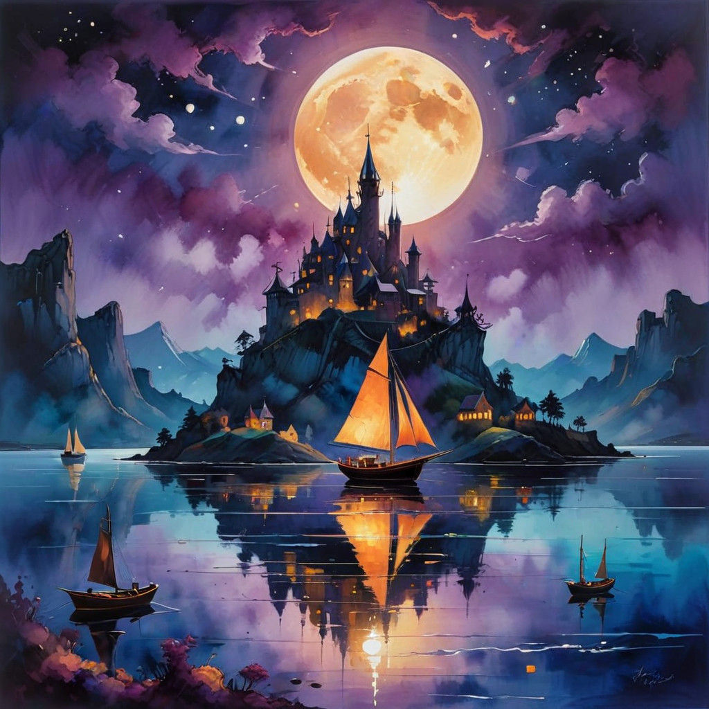 Moonlit Castle Village at Serene Bay