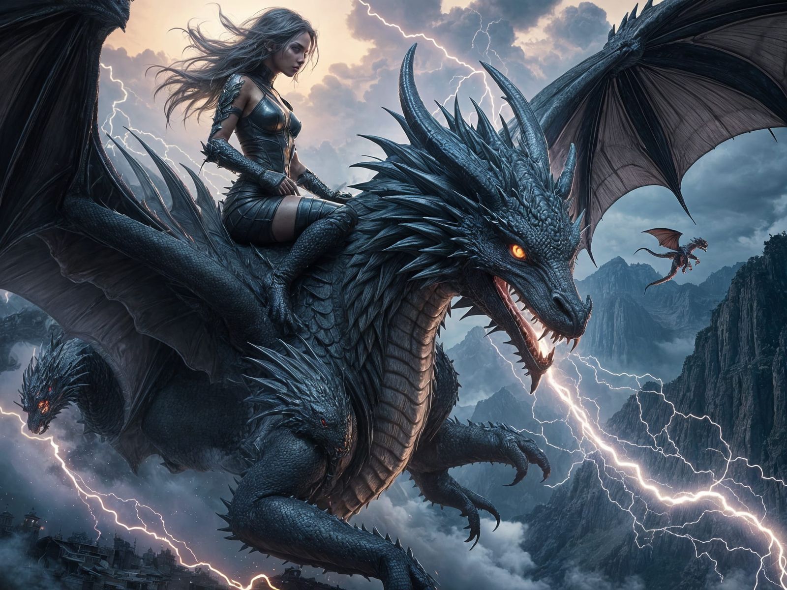 Ethereal Dark Fantasy: Black Dragon and Mysterious Rider