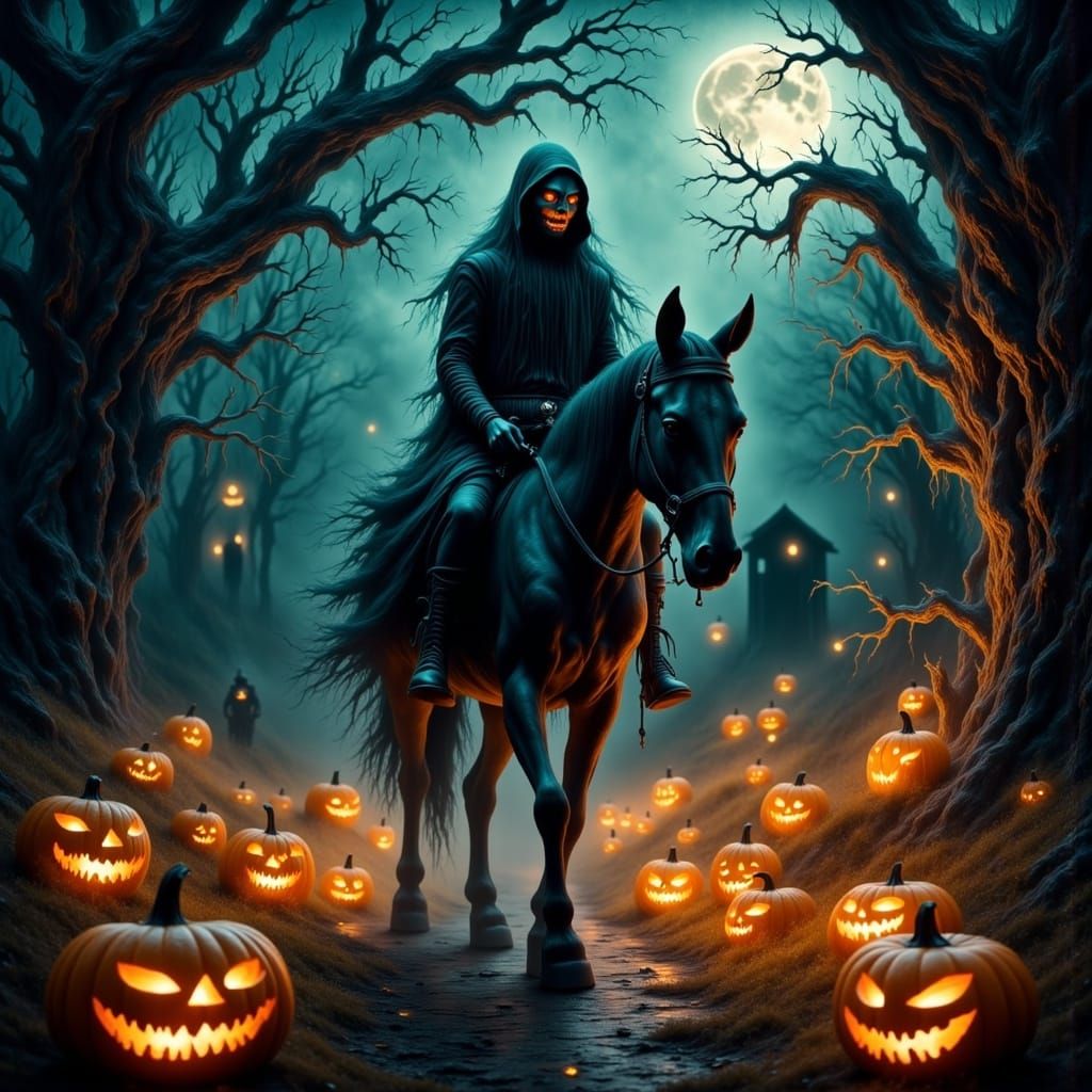 Ichabod Crane Rides His Mule Through a Moonlit Halloween For...