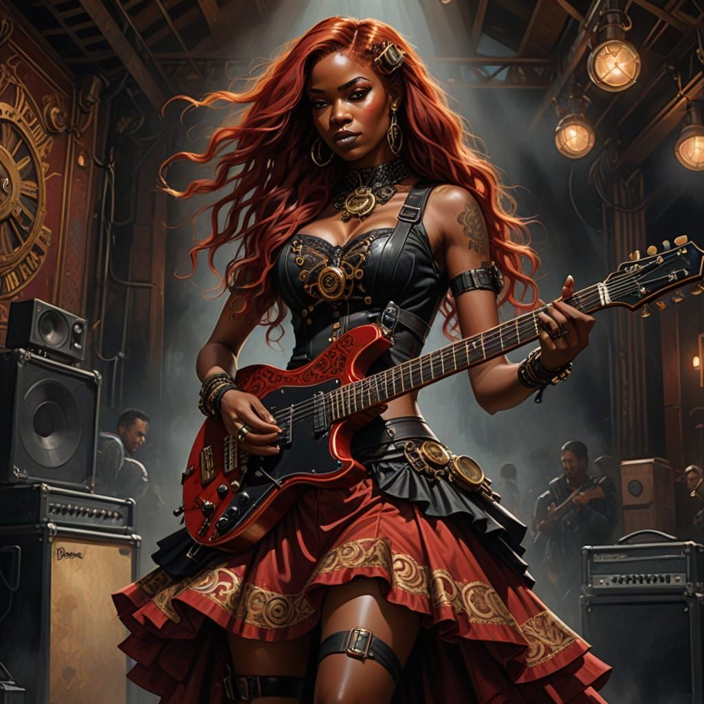 Steampunk Woman with Red Hair Plays Guitar at Concert
