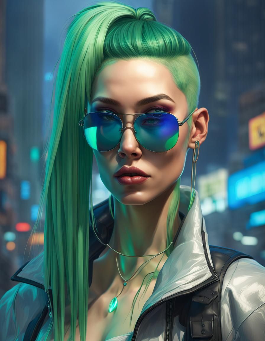 Cyberpunk Girl Portrait with Green Hair, Digital Art