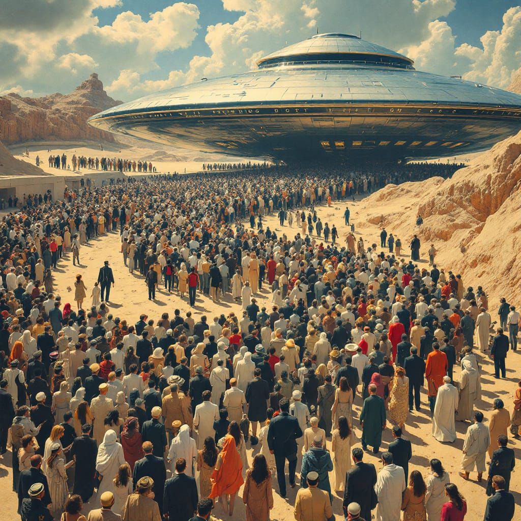 Diverse Crowd Awaits UFO Departure in Futuristic Art