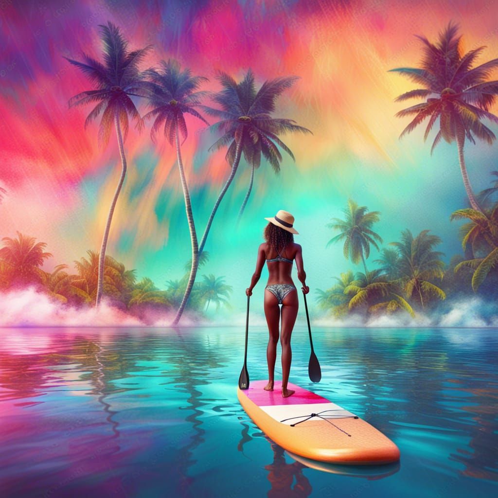 Surreal Caribbean Paddleboard Scene in Graffiti Art Style