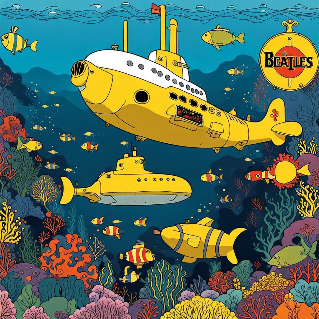 The Beatles' Yellow Submarine in Cartoon Style