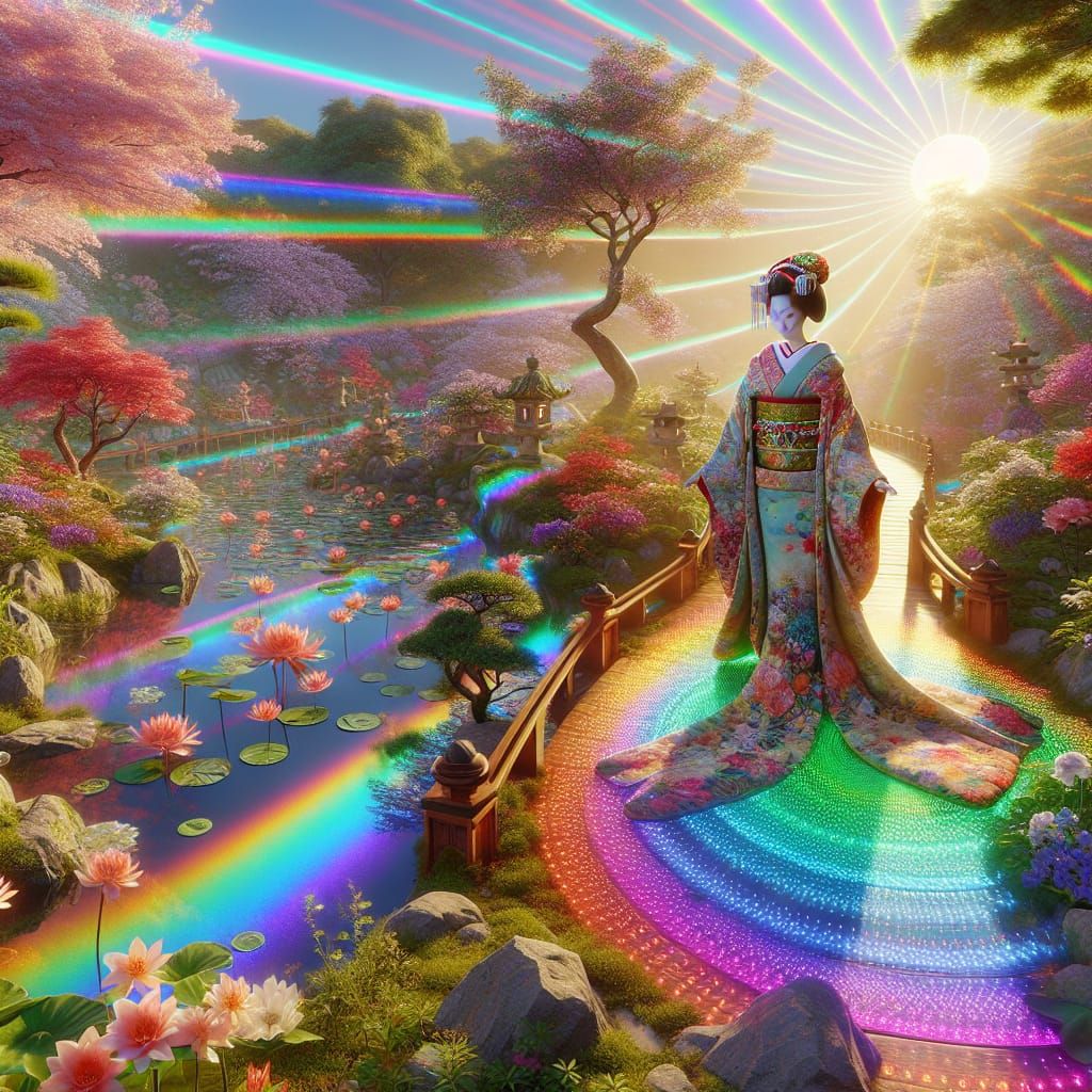 Geisha in Japanese Zen Garden with Holographic Lighting
