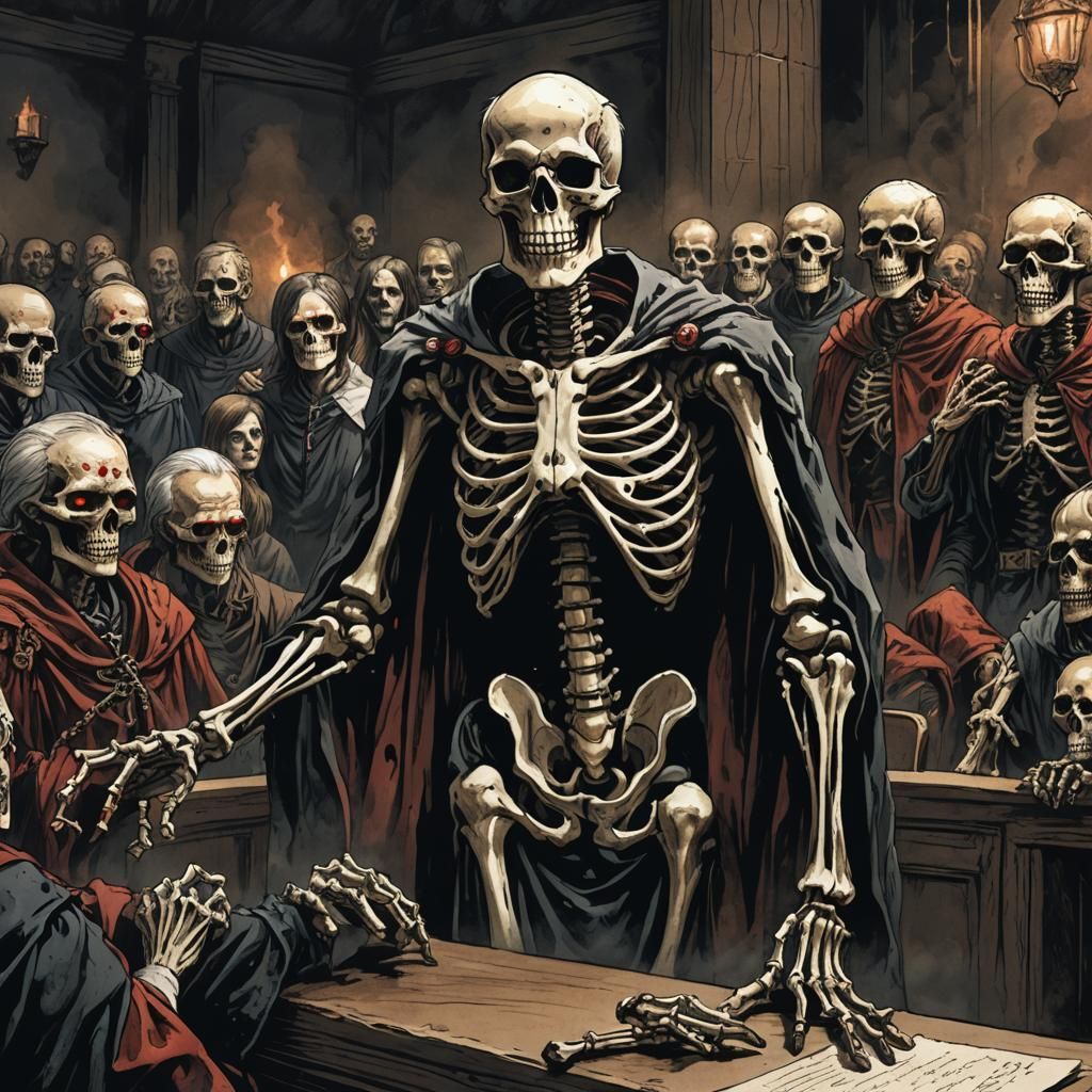 Dark Fantasy: Skeleton Judge in Hellish Courtroom