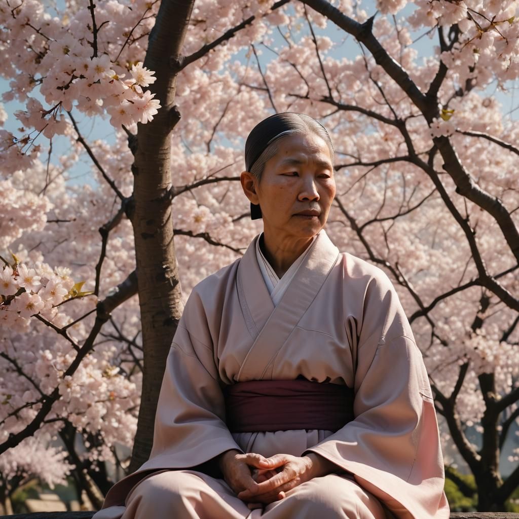 Serene Buddhist Nun in Cherry Blossom Shower