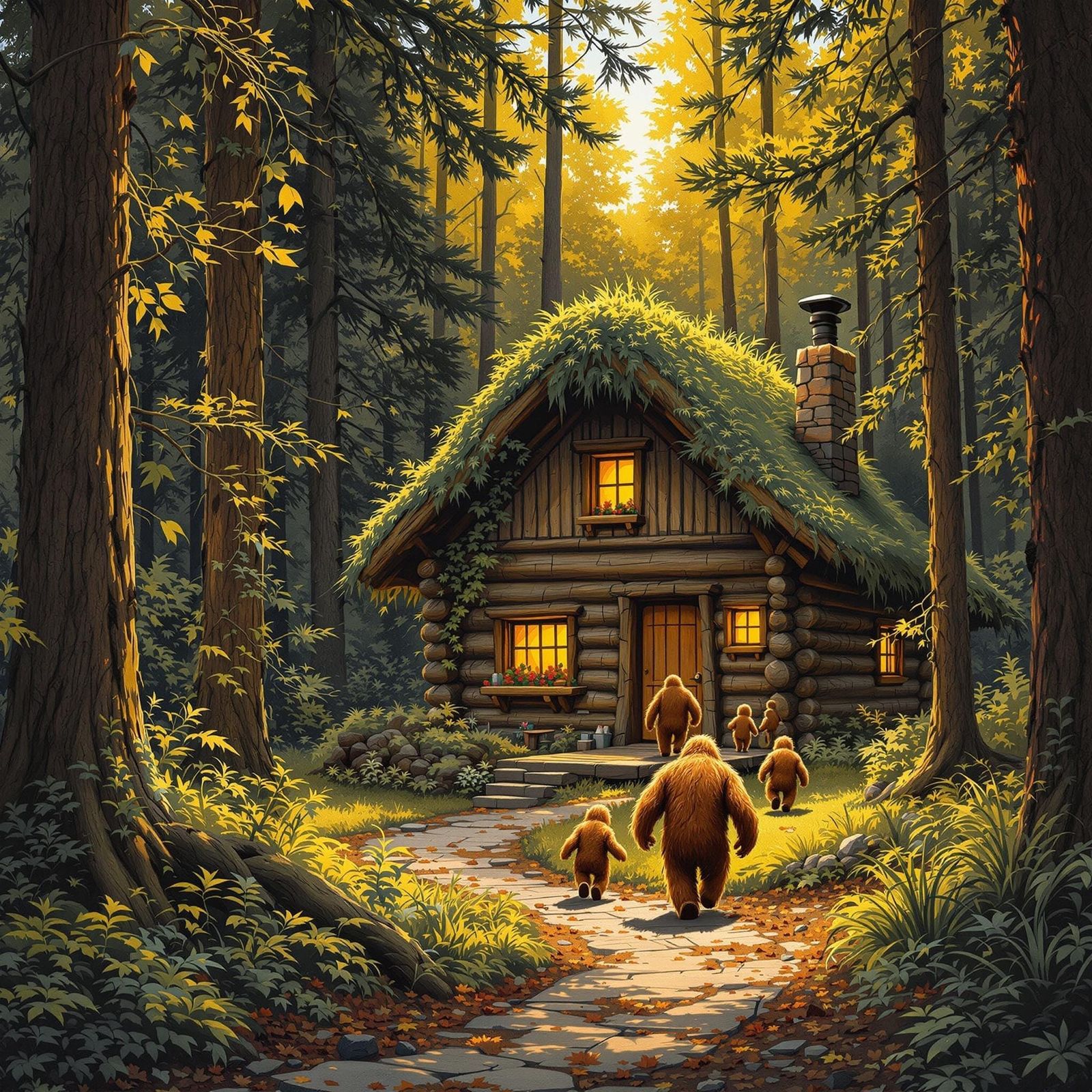 Sasquatch Family at Log Cabin, Oil Painting
