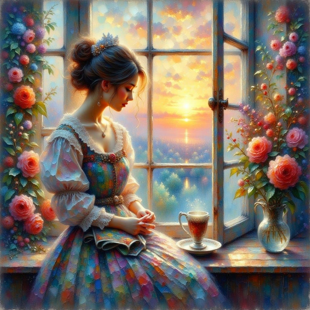 Melancholy Dawn: A Sorrowful Lady at a Frosty Window