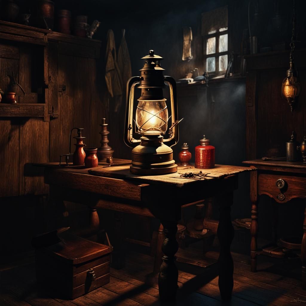 Lantern in a dark room