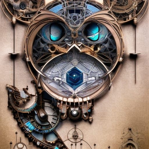 Sketched schematic diagram of an owl: 3D ARCHITECTURAL BLUEPRINT DIGITAL, descriptions, steampunk, on blue paper and whi...