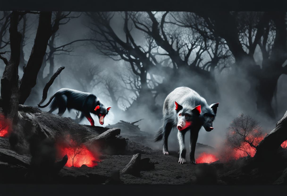 Monkey and Pig in Surreal Dark Forest