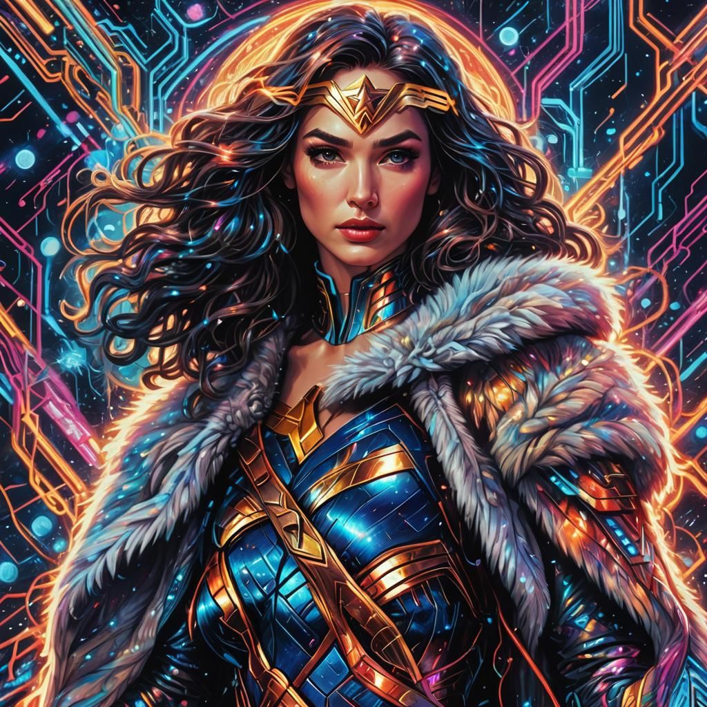 Wonder Woman with Cybernetic Arm in Cosmic Style