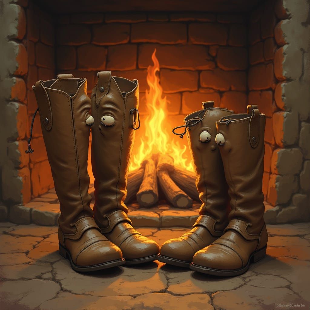 Cozy Boots by Fireplace in Norman Rockwell Style