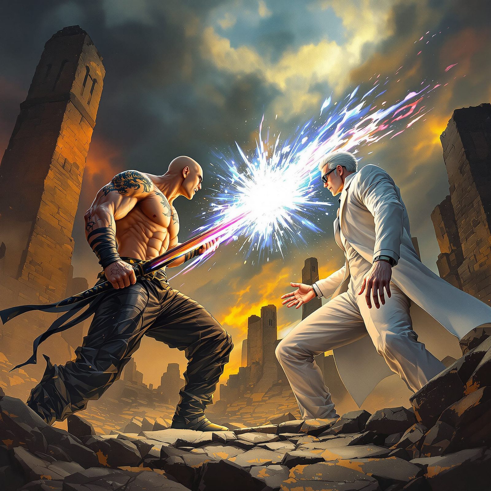 Anime Confrontation: Dragon Tattoo Man vs. Energy Blast