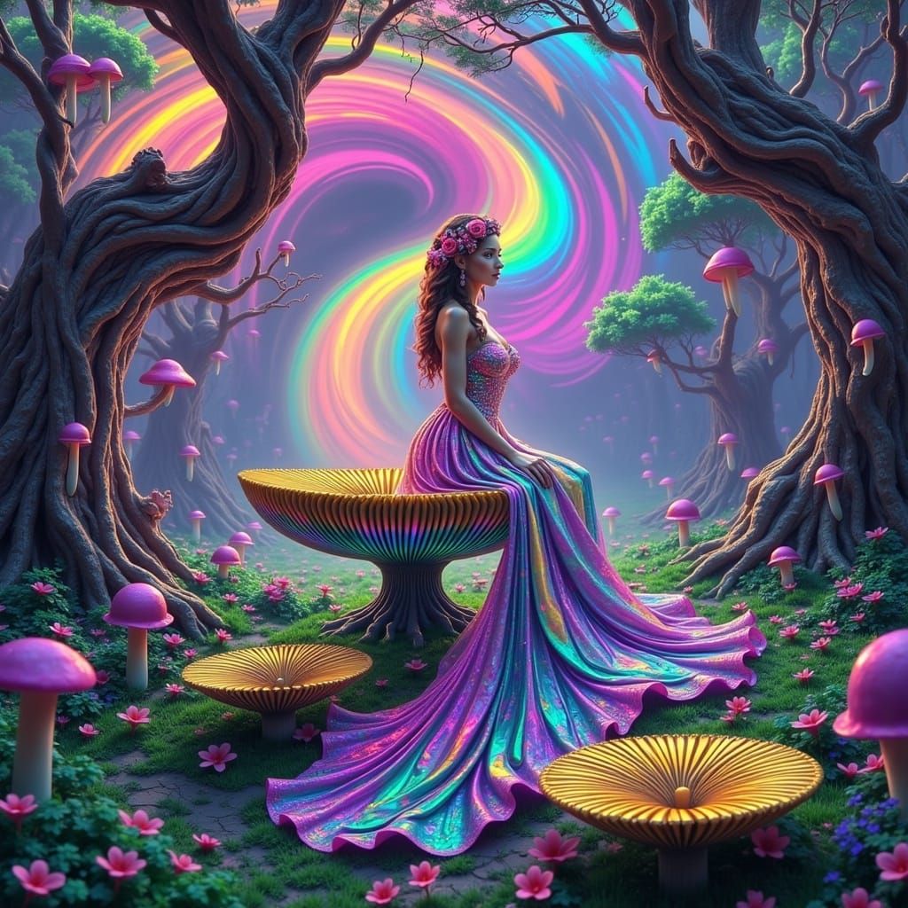 Surreal Woman in Iridescent Gown, Floral Crown, and Mushroom...